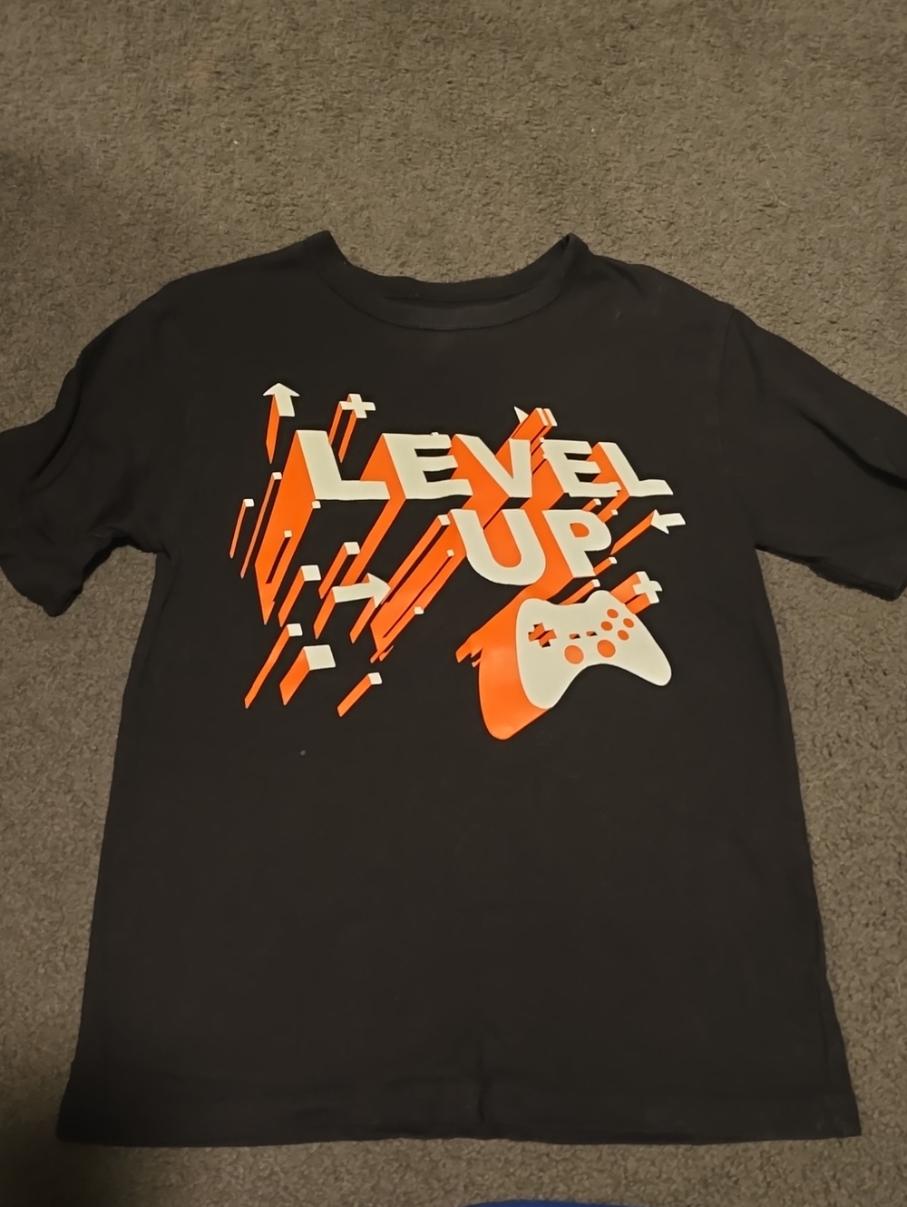 Place Black Tee with Orange & White 'Level Up' Gaming Graphic